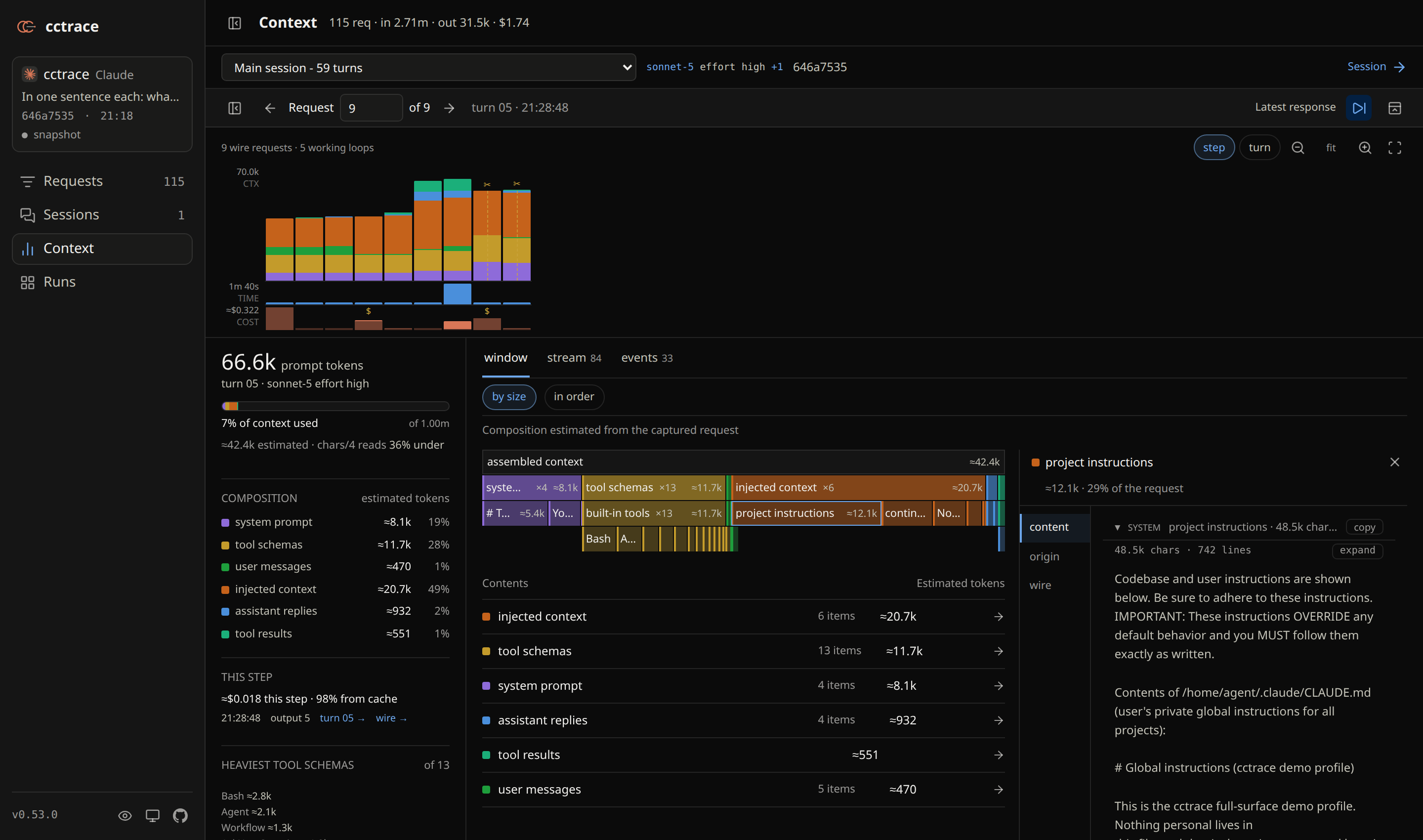 cctrace Context view: request history, token composition, and a graph showing which tools fill the window.